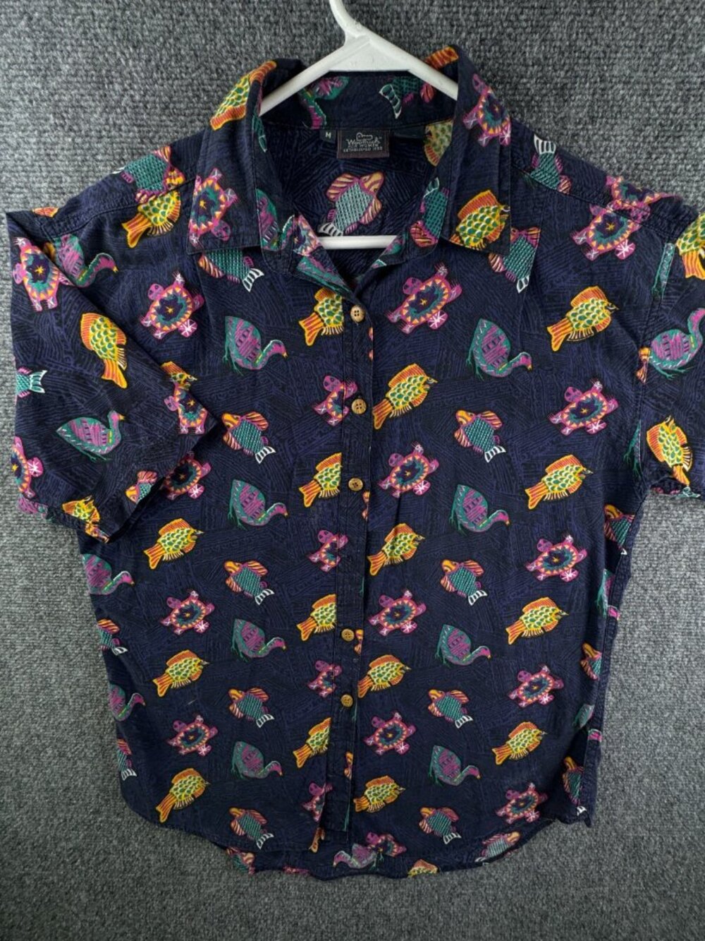Woolrich Women Medium Short Sleeve Fish Print Button Up Shirt Ocean Beach Adult